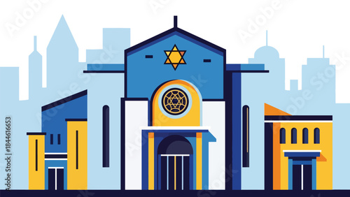 Jewish synagogue exterior with Star of David symbol, modern flat vector illustration, ideal for cultural identity, religion, and architecture visuals