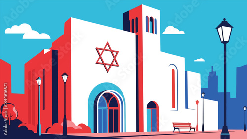 Jewish synagogue exterior with Star of David symbol, modern flat vector illustration, ideal for cultural identity, religion, and architecture visuals