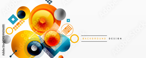 Abstract colorful circles, squares, lines create dynamic composition. Modern design elements suggest innovation, energy.