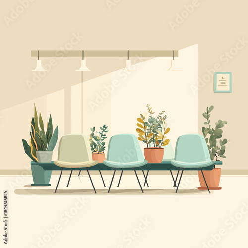 Minimalist hospital waiting room with chairs and potted plants