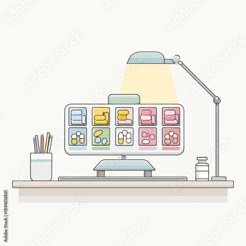 Online pharmacy computer display with pills and medicine on desk