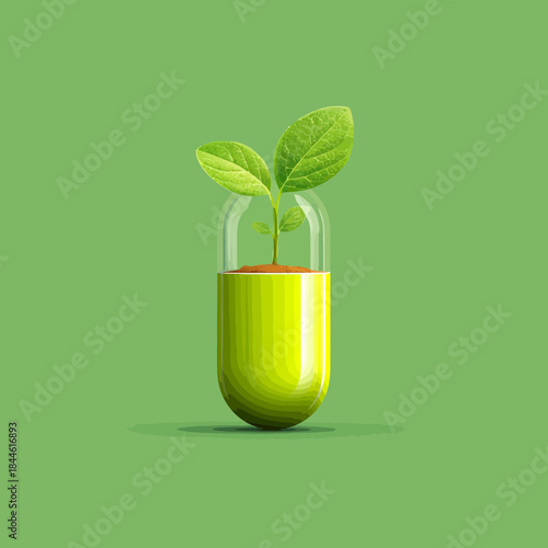 Plant growing inside a medicine capsule on a green background