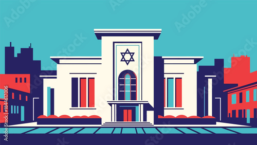 Jewish synagogue exterior with Star of David symbol, modern flat vector illustration, ideal for cultural identity, religion, and architecture visuals