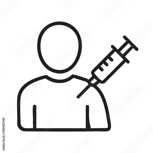 A simple line drawing depicts a person receiving an injection in their upper arm symbolizing healthcare
