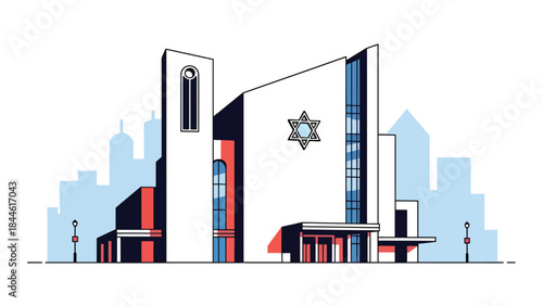 Jewish synagogue exterior with Star of David symbol, modern flat vector illustration, ideal for cultural identity, religion, and architecture visuals