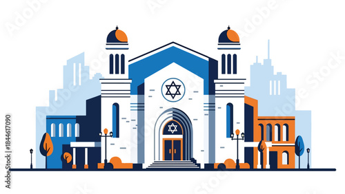 Jewish synagogue exterior with Star of David symbol, modern flat vector illustration, ideal for cultural identity, religion, and architecture visuals