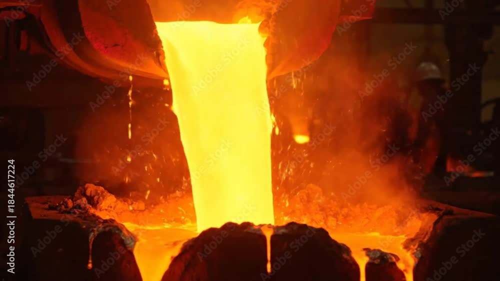 Crucible Process Molten metal pouring from a crucible into a vat in industrial steel ...