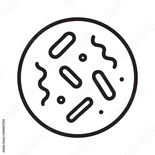A simple line drawing depicts a circular petri dish with various bacterial colonies and shapes inside