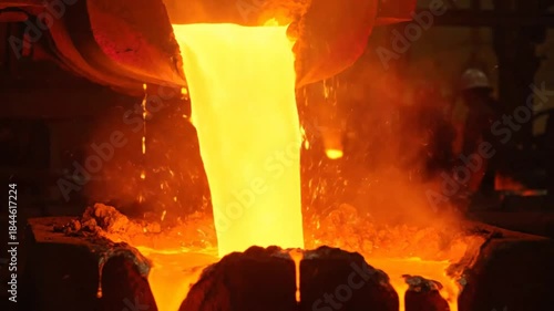 Molten metal pouring from a crucible into a vat in industrial steel manufacturing process creating sparks