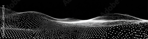 Abstract digital landscape of glowing dots in black and white technology concept