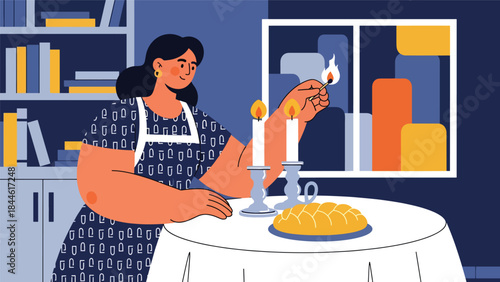 Jewish woman lighting candles during religious ritual, calm and spiritual flat vector illustration, ideal for faith, tradition, and lifestyle themes