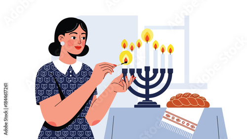 Jewish woman lighting candles during religious ritual, calm and spiritual flat vector illustration, ideal for faith, tradition, and lifestyle themes