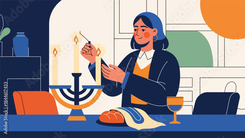 Jewish woman lighting candles during religious ritual, calm and spiritual flat vector illustration, ideal for faith, tradition, and lifestyle themes