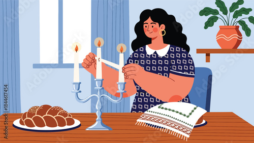 Jewish woman lighting candles during religious ritual, calm and spiritual flat vector illustration, ideal for faith, tradition, and lifestyle themes