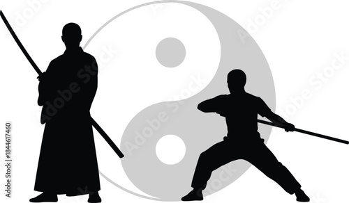 Samurai and Martial Arts Warrior Silhouettes with Katana and Staff Against Yin Yang Symbol, Representing Balance, Strength, Discipline, Ancient Asian Tradition, Kendo, and Bushido Philosophy.