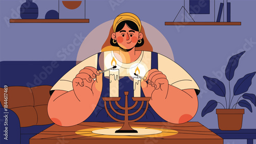 Jewish woman lighting candles during religious ritual, calm and spiritual flat vector illustration, ideal for faith, tradition, and lifestyle themes