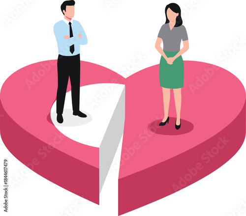 Relationship breakdown chart illustration: Divorce separation heartbreak metaphor, business partnership conflict, man and woman standing on a divided heart shaped pie graph with missing slice.