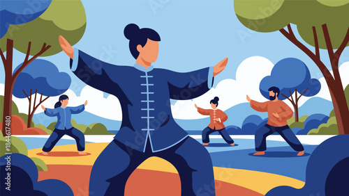 Taoist-inspired Tai Chi practice illustrated in modern flat vector style, flowing movements and balance, ideal for wellness, health, and mindfulness themes