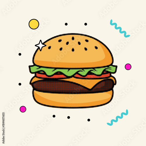 halftone, classic cheese burger with sesame seed bun and fresh ingredients in a vibrant retro pop art style vector illustration