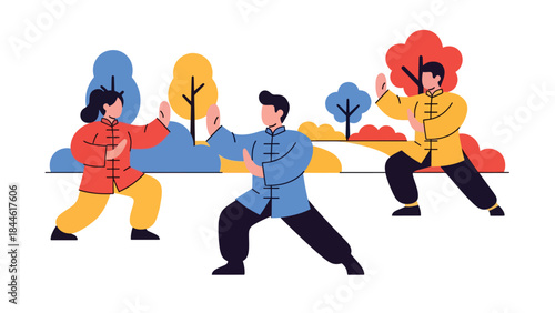 Taoist-inspired Tai Chi practice illustrated in modern flat vector style, flowing movements and balance, ideal for wellness, health, and mindfulness themes