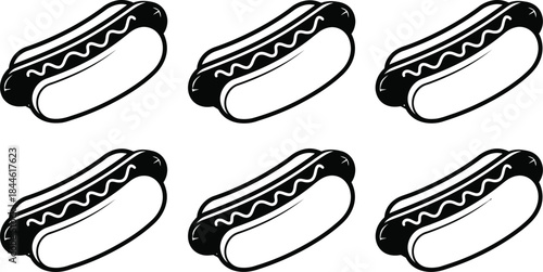 Seamless black and white pattern featuring six stylized hot dogs with mustard drizzle repeated across a clean white background