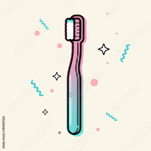 popart, halftone, retro, Single toothbrush with a gradient halftone texture for dental hygiene and fresh clean concept vector illustration