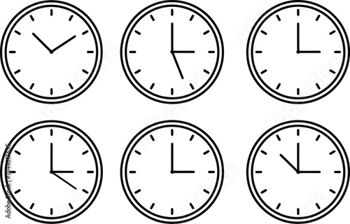 Six simple black and white analog clock icons displaying various times in a clean minimalist vector graphic design
