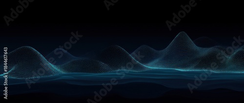 Abstract digital landscape of glowing mesh in shades of blue on black background