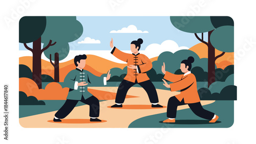 Taoist-inspired Tai Chi practice illustrated in modern flat vector style, flowing movements and balance, ideal for wellness, health, and mindfulness themes