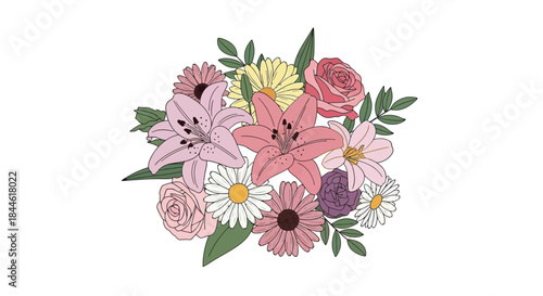A colorful illustration of a bouquet featuring various blossoming flowers