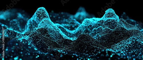 Abstract digital landscape of glowing particles on dark background