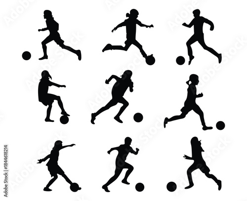 set of nine kid play soccer silhouette vector