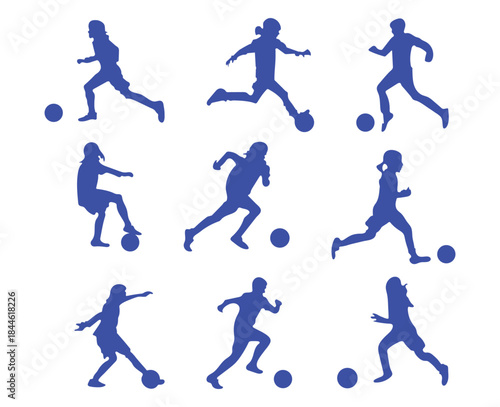 set of nine kid play soccer silhouette vector