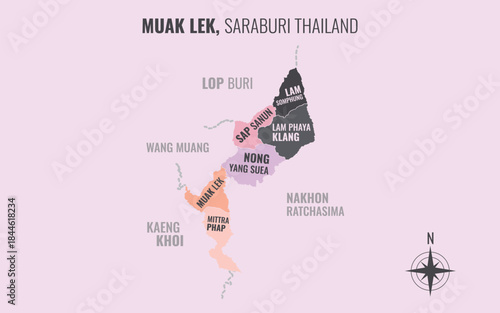 Map showing Muak Lek District Saraburi Thailand divided into sub-districts with minimalist colorful patterns