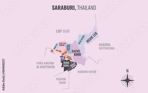 A map showing Saraburi Thailand divided into districts in a minimalist colorful style
