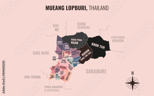 Map showing Mueang Lopburi District Lop Buri Thailand divided into sub-districts with minimalist colorful patterns