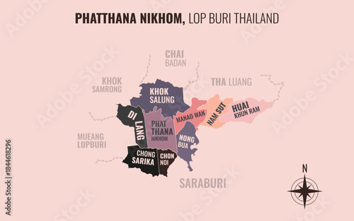 Map showing Phatthana Nikhom District Lop Buri Thailand divided into sub-districts with minimalist colorful patterns