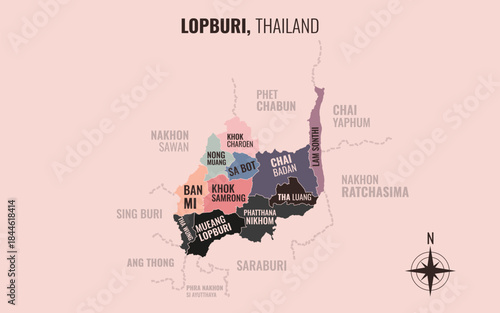A map showing Lop Buri Thailand divided into districts in a minimalist colorful style