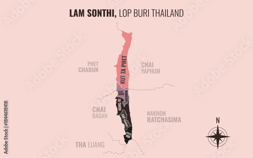 Map showing Lam Sonthi District Lop Buri Thailand divided into sub-districts with minimalist colorful patterns