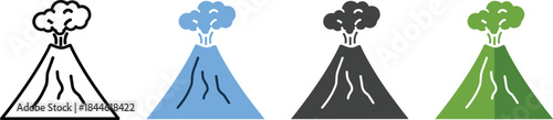 Volcano Eruption Icon Set Vector Illustration, Minimalist and Line Art Style, Blue Grey Green Color Variations, Natural Disaster Hazard Symbol, Geography Nature Travel Concept.