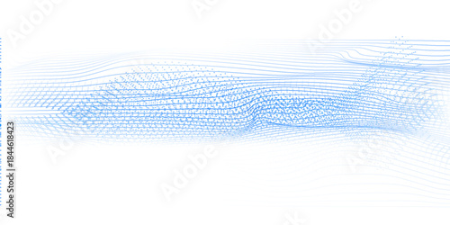 Abstract blue wave with moving dots. Flow of particles. Vector cyber technology illustration.