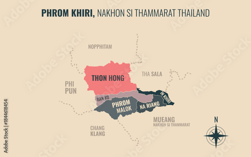 Obraz na płótnie Map showing Phrom Khiri District Nakhon Si Thammarat Thailand divided into sub-d