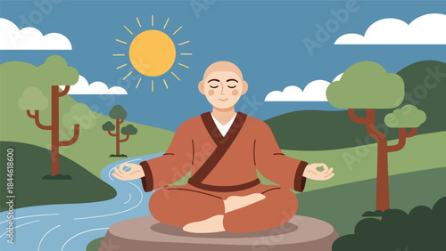 Taoist meditation practice in peaceful nature setting, modern flat vector illustration showing balance and inner calm, ideal for wellness, spirituality, and mindfulness content