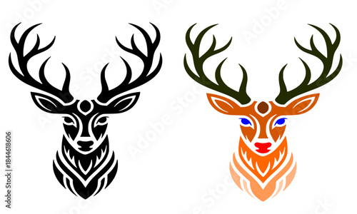 Tribal Geometric Deer Head Logo Set, Black and Colorful Abstract Stag Tattoo Design, Indigenous Ethnic Style Vector