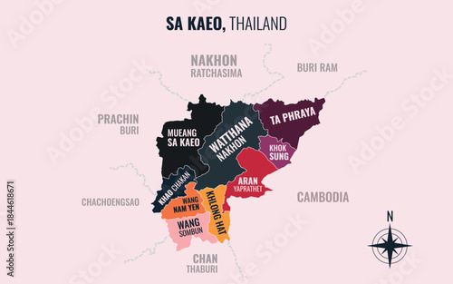 A map showing Sa Kaeo Thailand divided into districts in a minimalist colorful style