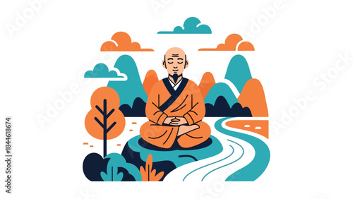 Taoist meditation practice in peaceful nature setting, modern flat vector illustration showing balance and inner calm, ideal for wellness, spirituality, and mindfulness content