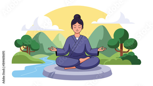 Taoist meditation practice in peaceful nature setting, modern flat vector illustration showing balance and inner calm, ideal for wellness, spirituality, and mindfulness content