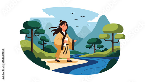 Taoist philosophy of harmony with nature illustrated in modern flat vector style, peaceful human figure in landscape, ideal for spiritual, wellness, and cultural visuals