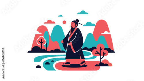 Taoist philosophy of harmony with nature illustrated in modern flat vector style, peaceful human figure in landscape, ideal for spiritual, wellness, and cultural visuals