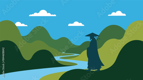 Taoist philosophy of harmony with nature illustrated in modern flat vector style, peaceful human figure in landscape, ideal for spiritual, wellness, and cultural visuals